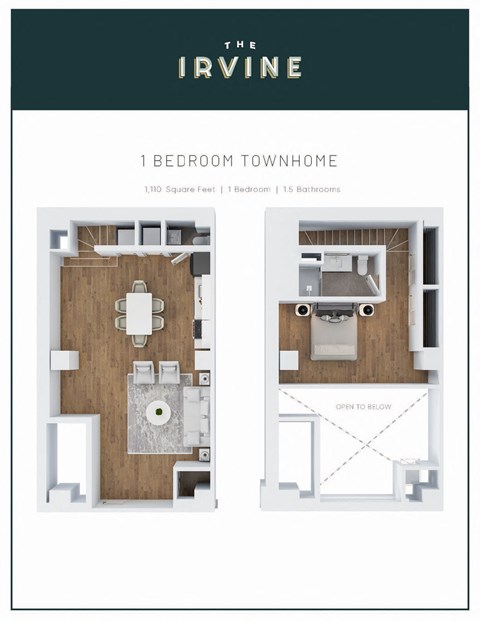 Floor plan for 1 bed, 1.5 baths, 1110 sqft